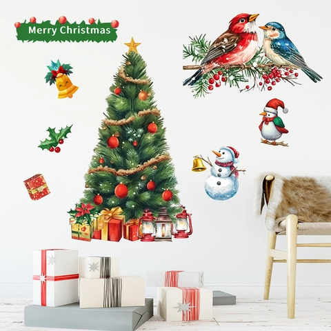 Set di Adesivi Murali di Natale Con Albero di Natale Pupazzo di Neve Uccello Acquerello PVC Decalcomanie per Decorazione Casa