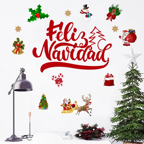 Feliz Navidad Kerst Muurstickers Rood Kerstman Rendier Sneeuwvlok PVC Decals Voor Feestelijke Huis Window Decoratie