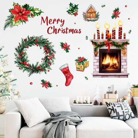 Lot de Stickers Muraux de Noël Aquarelle Merry Christmas Couronne Cheminée Chaussette Stickers PVC pour Salon Chambre
