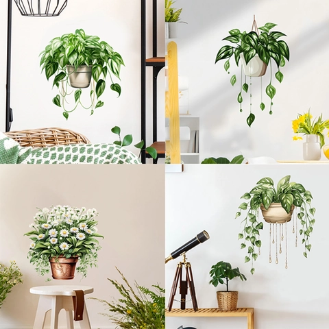 Modern 3D Simulated Green Plant Pot Wall Stickers PVC Removable Floral Daisy Decals For Living Room Bedroom Home Wall Decor