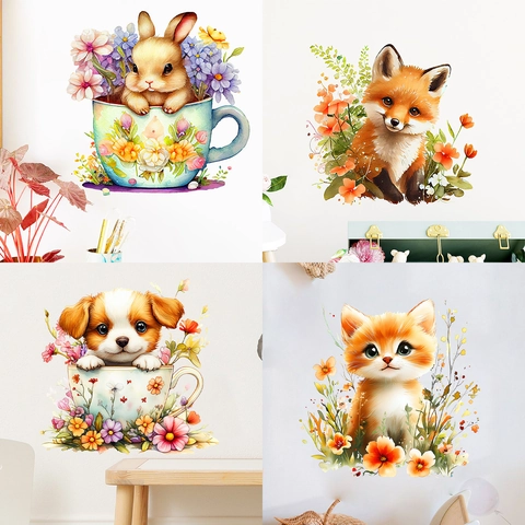 Watercolor Cute Animal Wall Stickers Flower Tea Cup Rabbit Fox Dog Cat PVC Removable Decals For Kids Nursery Bedroom Wall Decor
