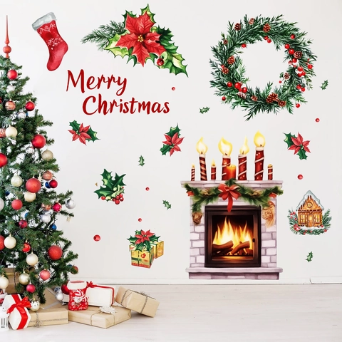 Lot de Stickers Muraux de Noël Aquarelle Merry Christmas Couronne Cheminée Chaussette Stickers PVC pour Salon Chambre