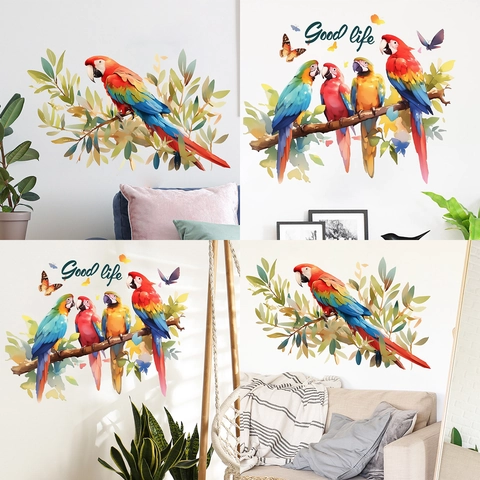 Aquarell Papagei Wandaufkleber PVC Abnehmbar Zweig Blatt Dekor Farbig Tropischer Vogel Heimdeko Wohnzimmer Schlafzimmer Wandbild