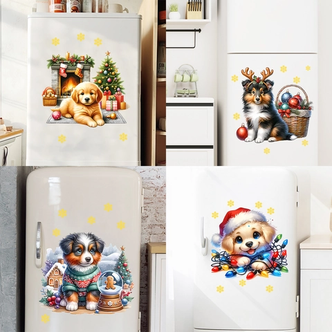 Lindos Perros de Navidad Pegatinas de Pared PVC Dibujos Animados Refrigerador Calcomanías Para Hogar Cocina Navidad Decoración