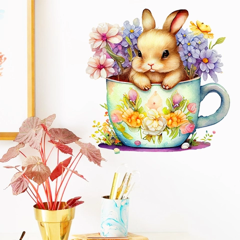 Watercolor Cute Animal Wall Stickers Flower Tea Cup Rabbit Fox Dog Cat PVC Removable Decals For Kids Nursery Bedroom Wall Decor
