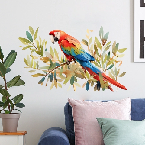 Aquarell Papagei Wandaufkleber PVC Abnehmbar Zweig Blatt Dekor Farbig Tropischer Vogel Heimdeko Wohnzimmer Schlafzimmer Wandbild
