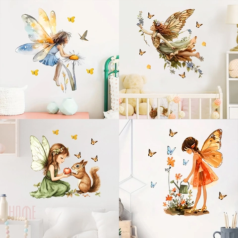 Adesivi Murali Fiabeschi con Fata e Farfalle in Acquerello PVC Elf Girl Decalcomanie per Cameretta Bambini Camera da Letto