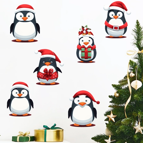 Christmas Penguin Wall Stickers Cartoon PVC Removable Decals For Home Living Room Bedroom Window Festive Decoration Gift