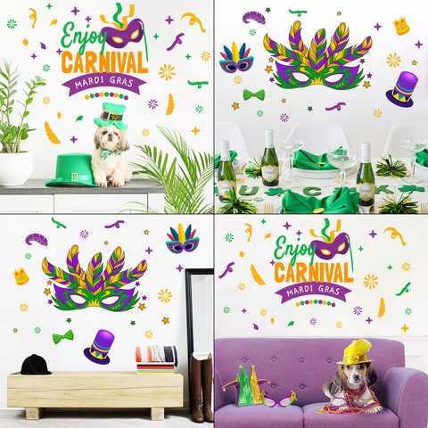 Mardi Gras Carnival Wall Stickers PVC Waterproof Removable Mask Feather Crown Party Decoration For Home Living Room Decor