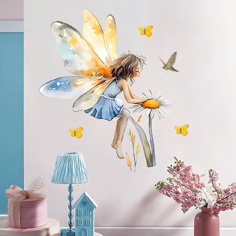 Adesivi Murali Fiabeschi con Fata e Farfalle in Acquerello PVC Elf Girl Decalcomanie per Cameretta Bambini Camera da Letto