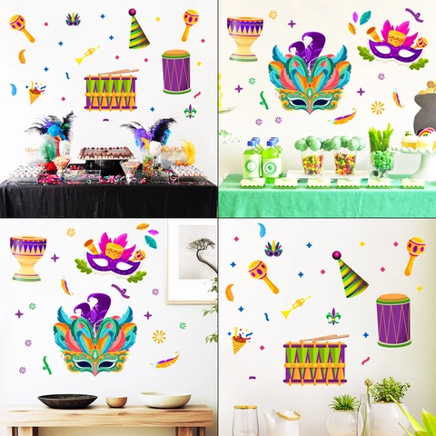 Brasilianischer Karneval Mardi Gras Wandaufkleber PVC Festliche Party Deko Maske Trommel Maracas Feder Muster Haus Dekoration
