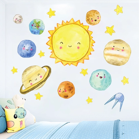 Cartoon Solar System Wall Stickers Cute Planets Stars Moon Watercolor PVC Decals For Kids Room Nursery Bedroom Decor