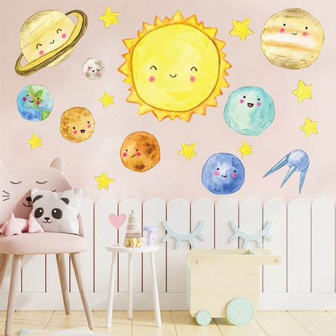 Cartoon Solar System Wall Stickers Cute Planets Stars Moon Watercolor PVC Decals For Kids Room Nursery Bedroom Decor