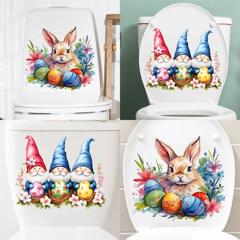 Paas Toiletsticker PVC Aquarel Paashaas Kabouter Eieren Patroon Verwijderbare Muursticker Voor Badkamer Huis Decoratie Feest Ornament