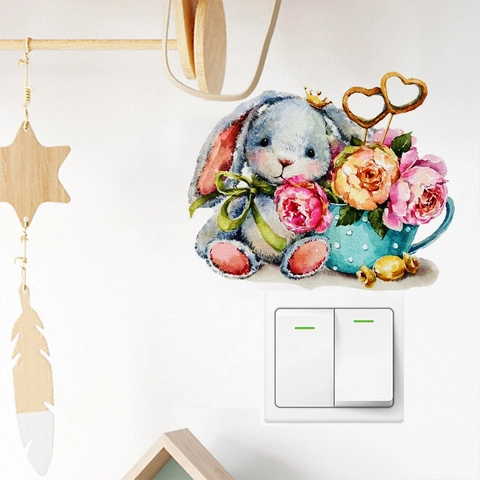 Süßer Hase In Teetasse Aquarell Wandtattoo PVC Dekorative Blumenaufkleber Für Kinderzimmer Lichtschalter Home Decor