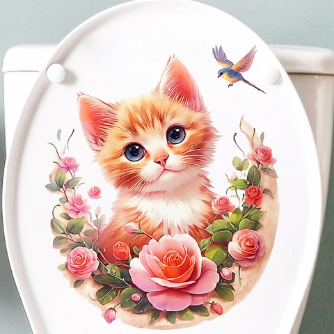 Schattige Oranje Kat Roos Krans Toiletsticker Waterdicht PVC Badkamer Decal Bloemen Dier Muurkunst Woondecoratie