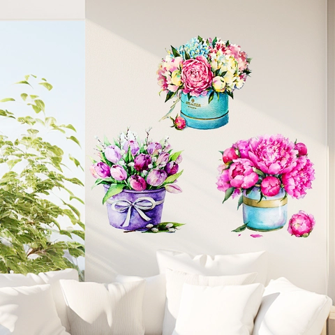 Aquarell Blume Vase Wandaufkleber PVC Abnehmbare Pfingstrose Tulpe Pflanze Wandtattoo Für Wohnzimmer Schlafzimmer Home Decoration