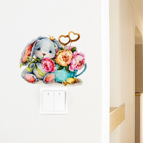 Süßer Hase In Teetasse Aquarell Wandtattoo PVC Dekorative Blumenaufkleber Für Kinderzimmer Lichtschalter Home Decor