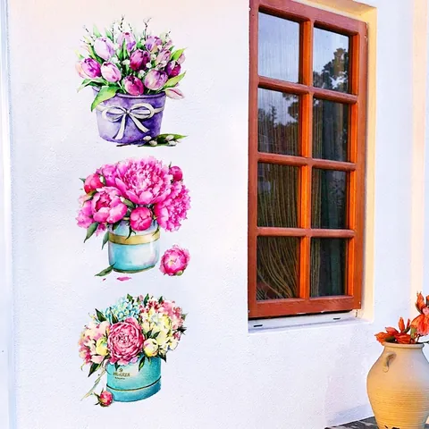 Aquarell Blume Vase Wandaufkleber PVC Abnehmbare Pfingstrose Tulpe Pflanze Wandtattoo Für Wohnzimmer Schlafzimmer Home Decoration