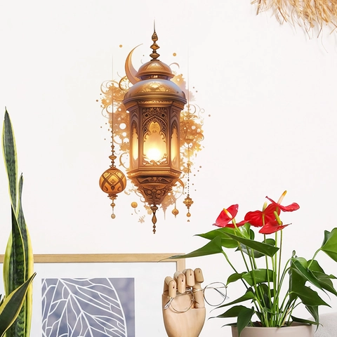 Pegatina de Pared de Ramadán Islámico Diseño de Linterna Dorada Luna PVC Calcomanía Decorativa para Hogar Sala de Estar Dormitorio