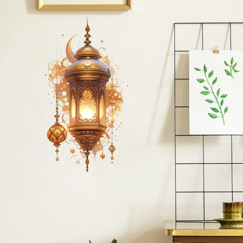 Pegatina de Pared de Ramadán Islámico Diseño de Linterna Dorada Luna PVC Calcomanía Decorativa para Hogar Sala de Estar Dormitorio