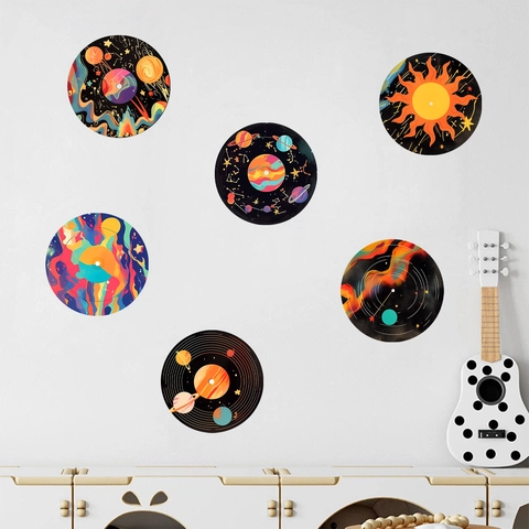 Creative Retro Vinyl Record Space Theme Wall Stickers Cosmic Planet PVC Graffiti Decal For Bedroom Living Room Decor