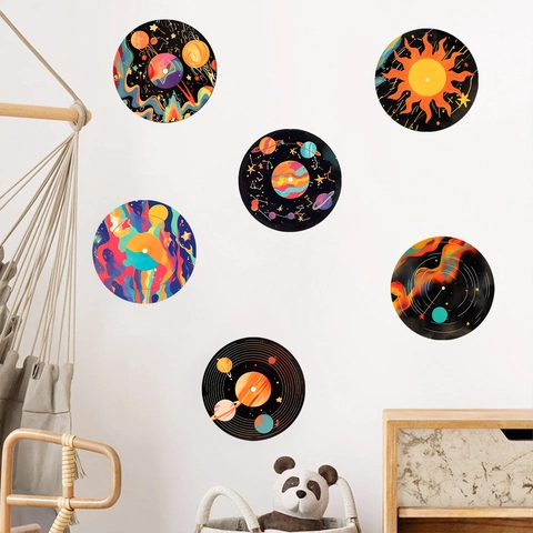 Creative Retro Vinyl Record Space Theme Wall Stickers Cosmic Planet PVC Graffiti Decal For Bedroom Living Room Decor