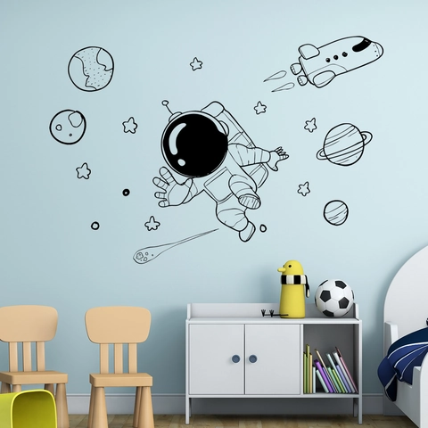 Weltraum Astronaut Rakete Planet Sterne Wandtattoo Schwarz Linienkunst PVC Aufkleber Für Kinderzimmer Schlafzimmer Dekoration