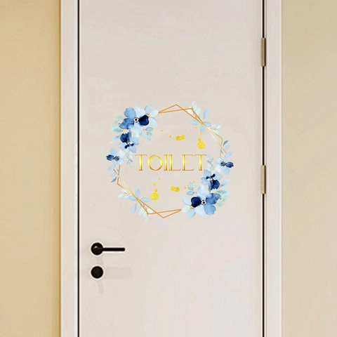 Bloemen Toilet Deursticker Aquarel Blauwe Bloemen Goud TOILET Letterteken PVC Waterdicht Zelfklevend Muursticker Decor