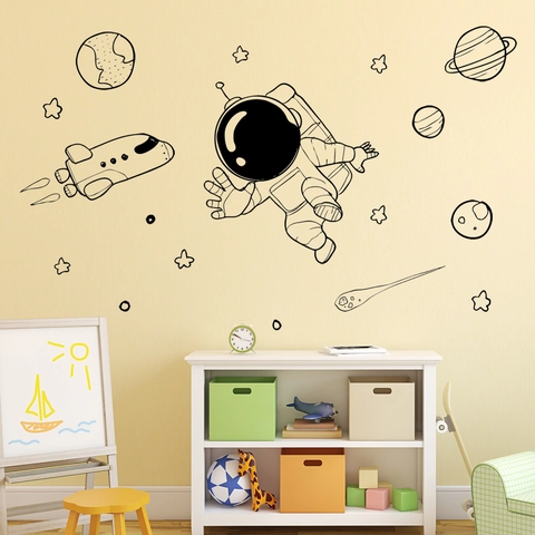 Weltraum Astronaut Rakete Planet Sterne Wandtattoo Schwarz Linienkunst PVC Aufkleber Für Kinderzimmer Schlafzimmer Dekoration