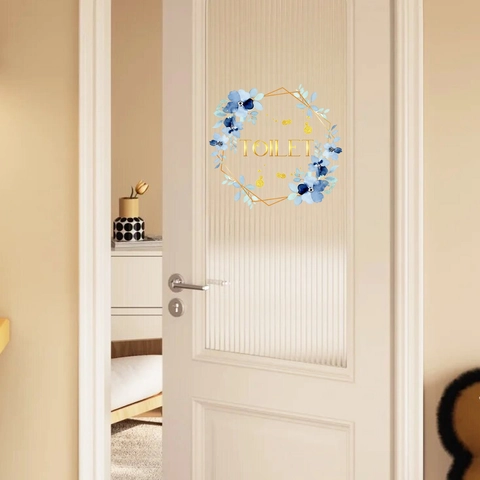 Bloemen Toilet Deursticker Aquarel Blauwe Bloemen Goud TOILET Letterteken PVC Waterdicht Zelfklevend Muursticker Decor