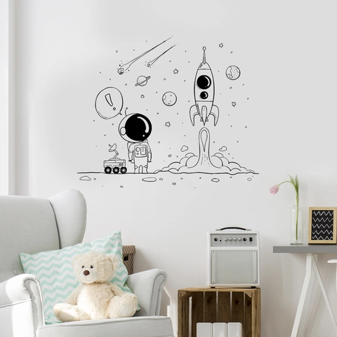 Adesivo Da Parete Esplorazione Spaziale Astronauta Razzo Decalcomania In PVC Rimovibile Per Cameretta Bambini Decorazione Casa