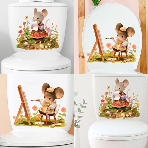 Simpatici Adesivi per Inodoro in PVC con Topolino Disegnatore e Fiori Decalcomanie da Muro Impermeabili per Bagno Casa