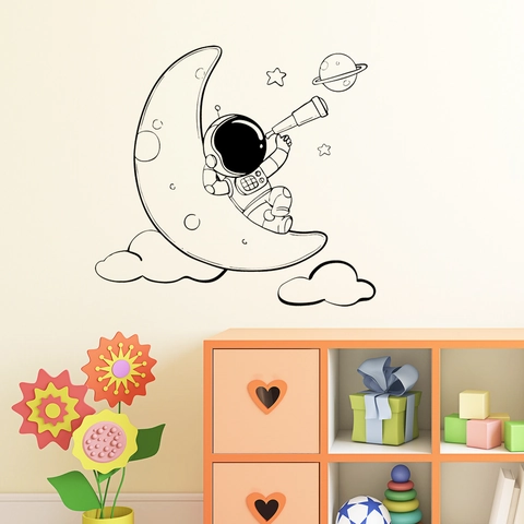 Cartoon Astronaut Auf Mond Wandtattoo Schwarz Strichzeichnung Stern Planet Aufkleber Für Kinderzimmer Deko