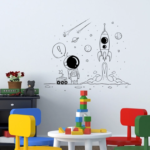 Adesivo Da Parete Esplorazione Spaziale Astronauta Razzo Decalcomania In PVC Rimovibile Per Cameretta Bambini Decorazione Casa