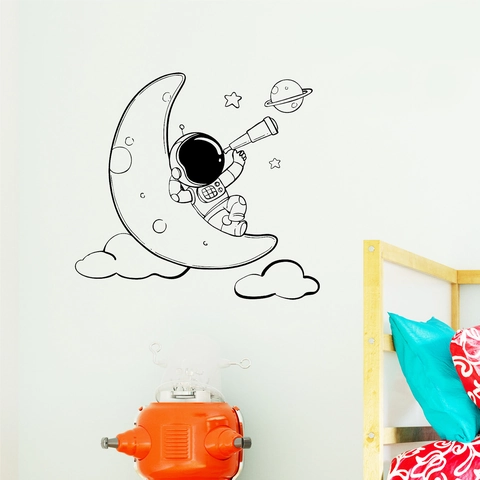Cartoon Astronaut Auf Mond Wandtattoo Schwarz Strichzeichnung Stern Planet Aufkleber Für Kinderzimmer Deko