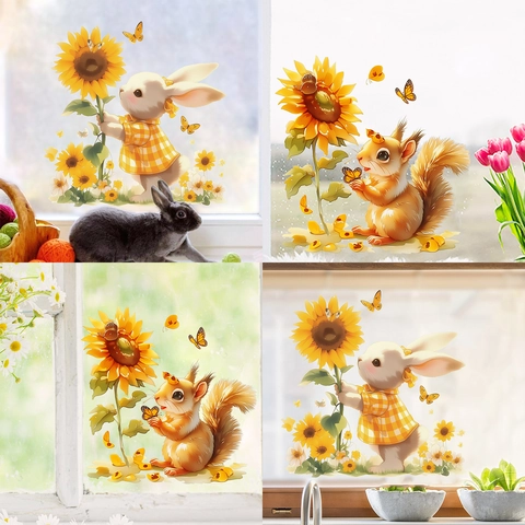 Cartoon Hase Eichhörnchen Sonnenblume Fensteraufkleber Wasserdicht PVC Glasbilder Für Kinderzimmer Kindergarten Deko