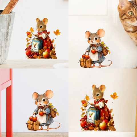 Cute Cartoon Mouse Wall Sticker Autumn Maple Leaf Apple PVC Removable Decal For Living Room Bedroom Home Decor Switch Sticker