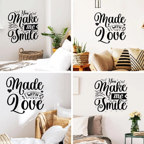 Stickers Muraux Citation Anglaise Inspirante Lettres Noires PVC Made With Love You Make Me Smile Décoration Intérieure
