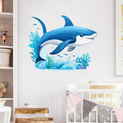 Adesivo da Parete a Forma di Squalo Oceano Cartone Animato per Cameretta Bambini PVC Rimovibile Mondo Sottomarino Corallo Pesce