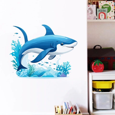 Adesivo da Parete a Forma di Squalo Oceano Cartone Animato per Cameretta Bambini PVC Rimovibile Mondo Sottomarino Corallo Pesce