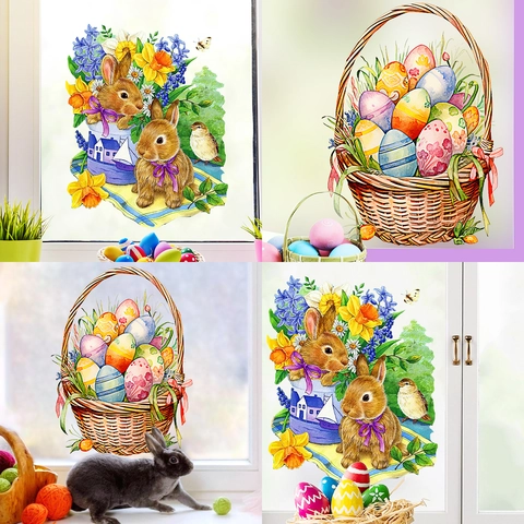 Pegatinas de Ventana de Pascua Conejo Huevos Acuarela Cesta de Flores PVC Adhesión Estática Primavera Calcomanías de Pared