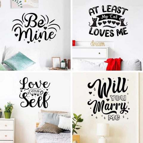 Schwarze Vinyl Romantische Englische Zitate Wandaufkleber Love Yourself Katzenliebhaber Will You Marry Me Be Mine Deko