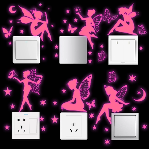 Adesivi Murali Luminosi Fata Farfalla Rosa Fluorescenti Stelle Luna Decalcomanie da Parete per Cameretta Bambini Decorazione Interruttore Luce PVC Casa
