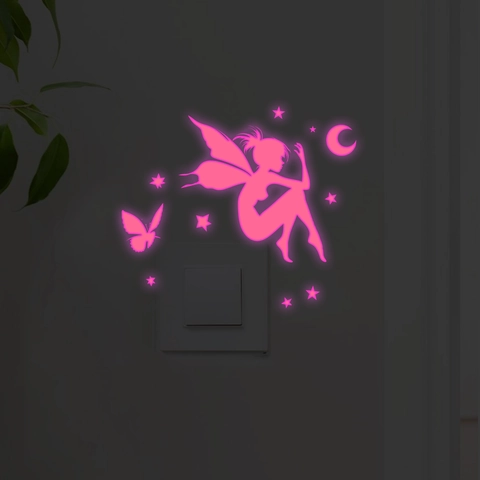Adesivi Murali Luminosi Fata Farfalla Rosa Fluorescenti Stelle Luna Decalcomanie da Parete per Cameretta Bambini Decorazione Interruttore Luce PVC Casa