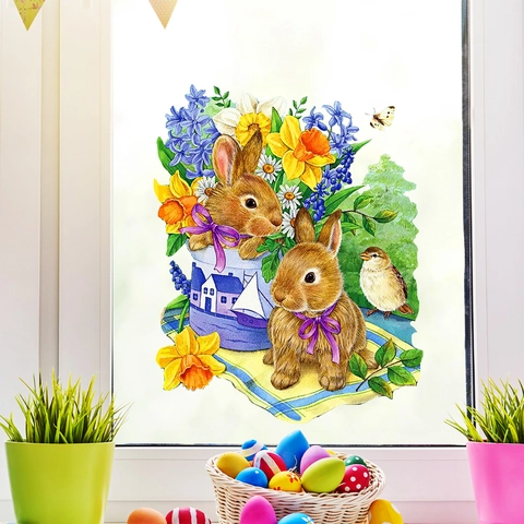 Pegatinas de Ventana de Pascua Conejo Huevos Acuarela Cesta de Flores PVC Adhesión Estática Primavera Calcomanías de Pared