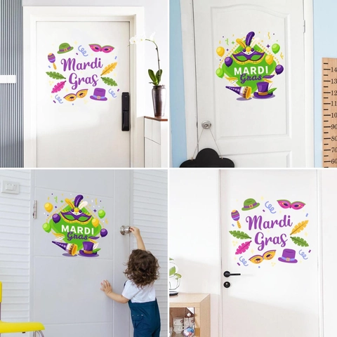 Pegatina de Puerta Mardi Gras Calcomanías de Pared de PVC Extraíbles Con Máscaras Plumas Morado Verde Oro para Fiesta
