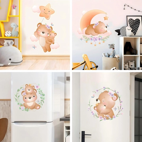 Süße Cartoon Bär Aquarell Wandaufkleber PVC Abnehmbar Tier Mutter Kind Wandtattoo Für Kinderzimmer Kinderzimmer Home Decor