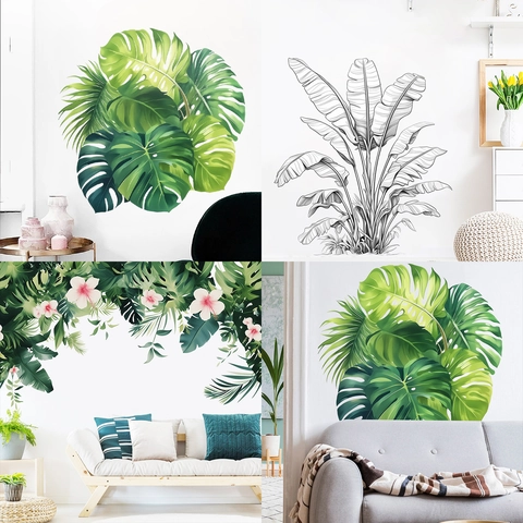 Moderni Adesivi da Parete Piante Tropicali PVC Foglie di Monstera Palma Ibisco Adesivi Murali per Soggiorno Decorazione Casa