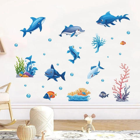 Pegatinas de Pared de Criaturas Marinas del Mundo Oceánico de PVC Impermeable Dibujos Animados Peces Delfines Tiburón Para Habitación Infantil